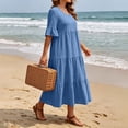 thumbnail image 6 of ClodeEU Women's V Neck 3/4 Sleeve Tiered Ruffle Maxi Dress, Casual Flowy Swing Sundress Blue,Women's Plus XXL, 6 of 7