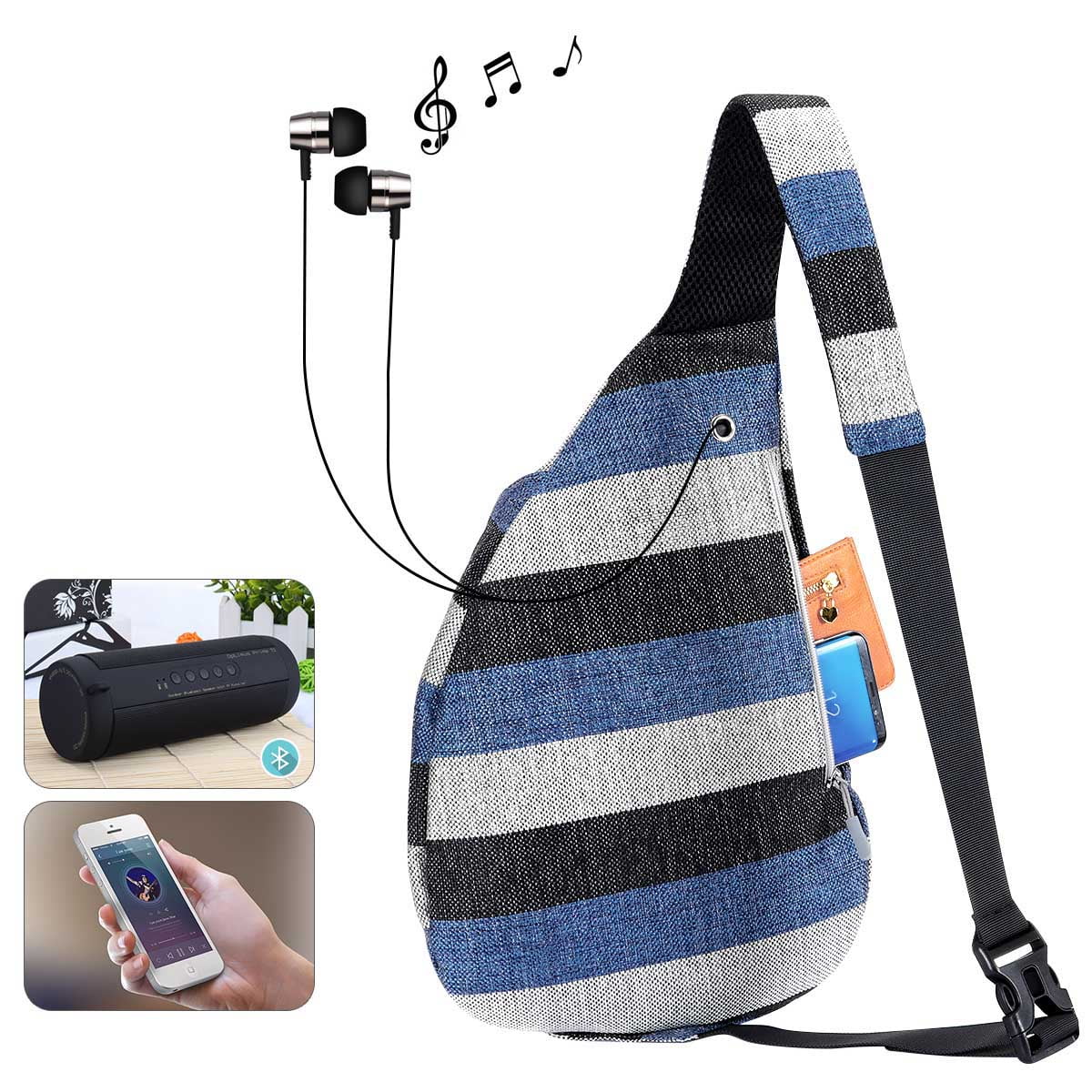 HAWEE Backpack for Women Hiking Backpack Chest Sling Bag Sports Travel Crossbody Daypack, Wide Stripes of Black/ Blue/Gray