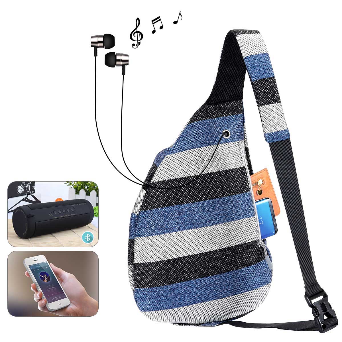 HAWEE Backpack for Women Hiking Backpack Chest Sling Bag Sports Travel Crossbody Daypack, Wide Stripes of Black/ Blue/Gray - image 2 of 7