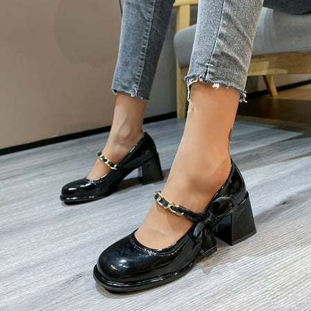 

Cathalem Ladies British Style Solid Color Bright Leather Square Head Thick High Heel Casual Shoes Heels And Pumps for Women Black 8.5