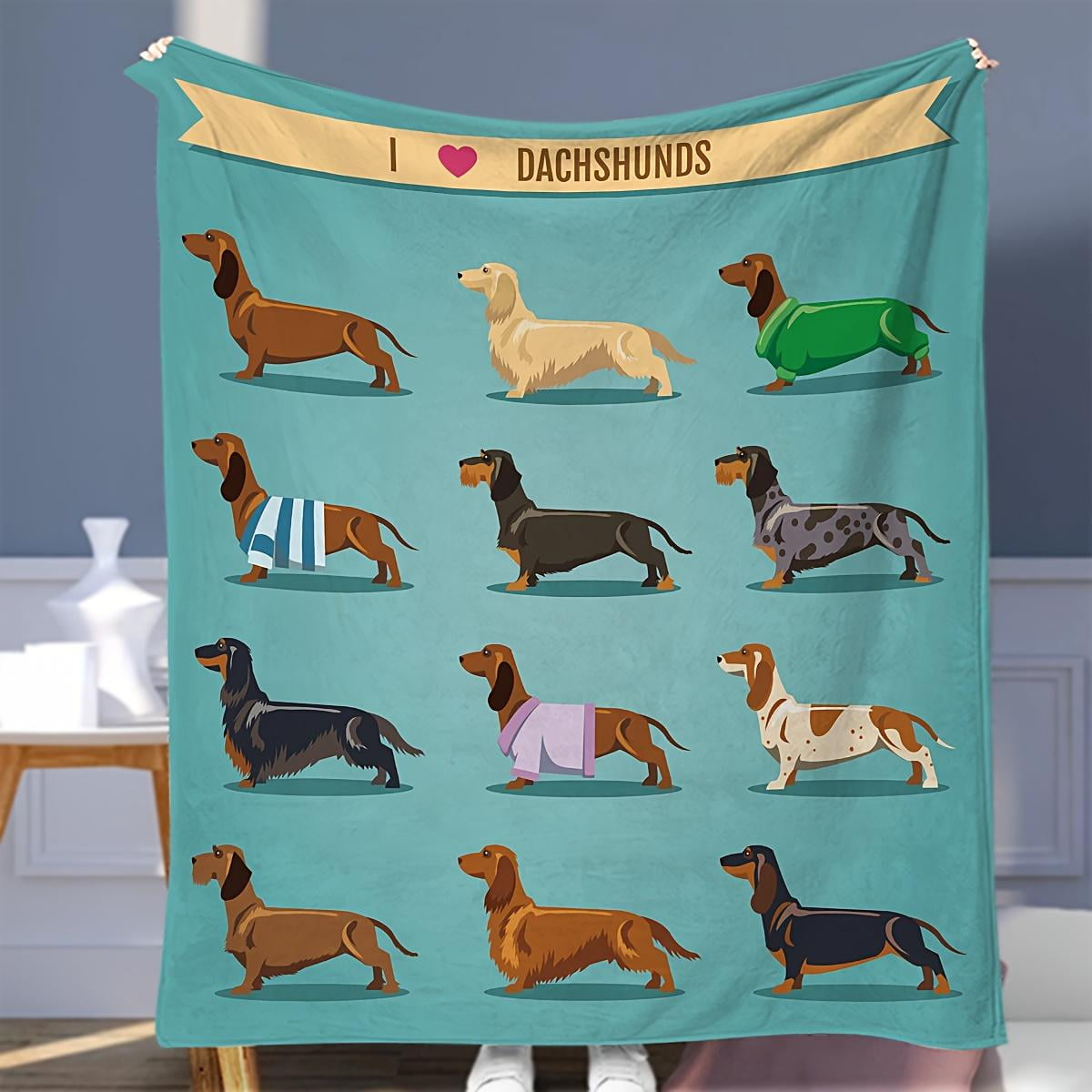 Dachshund Blanket Weiner Dog Blanket, Soft Blue Grey Sausage Fleece Flannel Blanket Blue Cute Doxie Plush Blanket Dachshund Adults Women