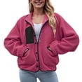 thumbnail image 4 of felwors Womens Fuzzy Fleece Jacket Fall Casual Long Sleeve Cropped Button Down Shacket Coats Outwear With Pockets Hot Pink, XL, 4 of 8