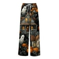 thumbnail image 5 of WTOBBY Women's Seasonal Casual Halloween Print Elastic Waist Drawstring Pocket Wide Leg Trousers with Festive Patterns for Fun Fall Outfits and Comfortable Wear,Dark Green L, 5 of 6