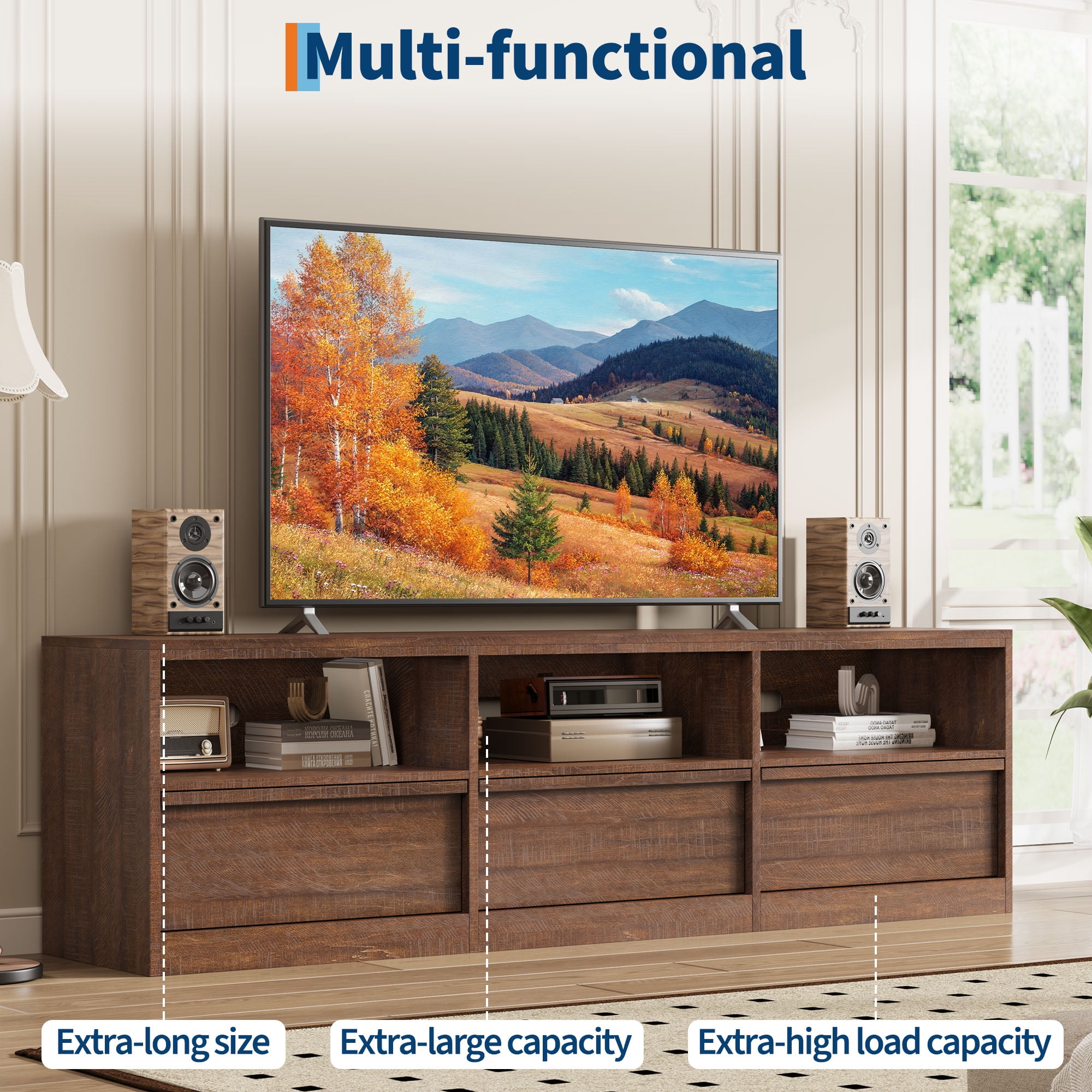 Modern TV Stand with Storage for TVs Up to 85", 70 inch Media Console with Drawer & Open Shelves, Mid Century Entertainment Center for Living Room, Brown