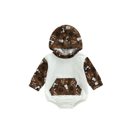 

Meihuida Infant Baby Jumpsuit Cartoon Pattern Cow Head Print Long Sleeve Hood Romper with Front Pocket