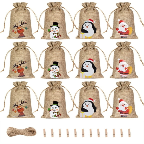 HJQEQVD Christmas Small Burlap Bags with Drawstring, Burlap Gift Bags Christmas Linen Treat Sacks Gift Wrapping Bags Xmas Holiday Party Favors Bags(7x5 inch, 12/24 Pcs)