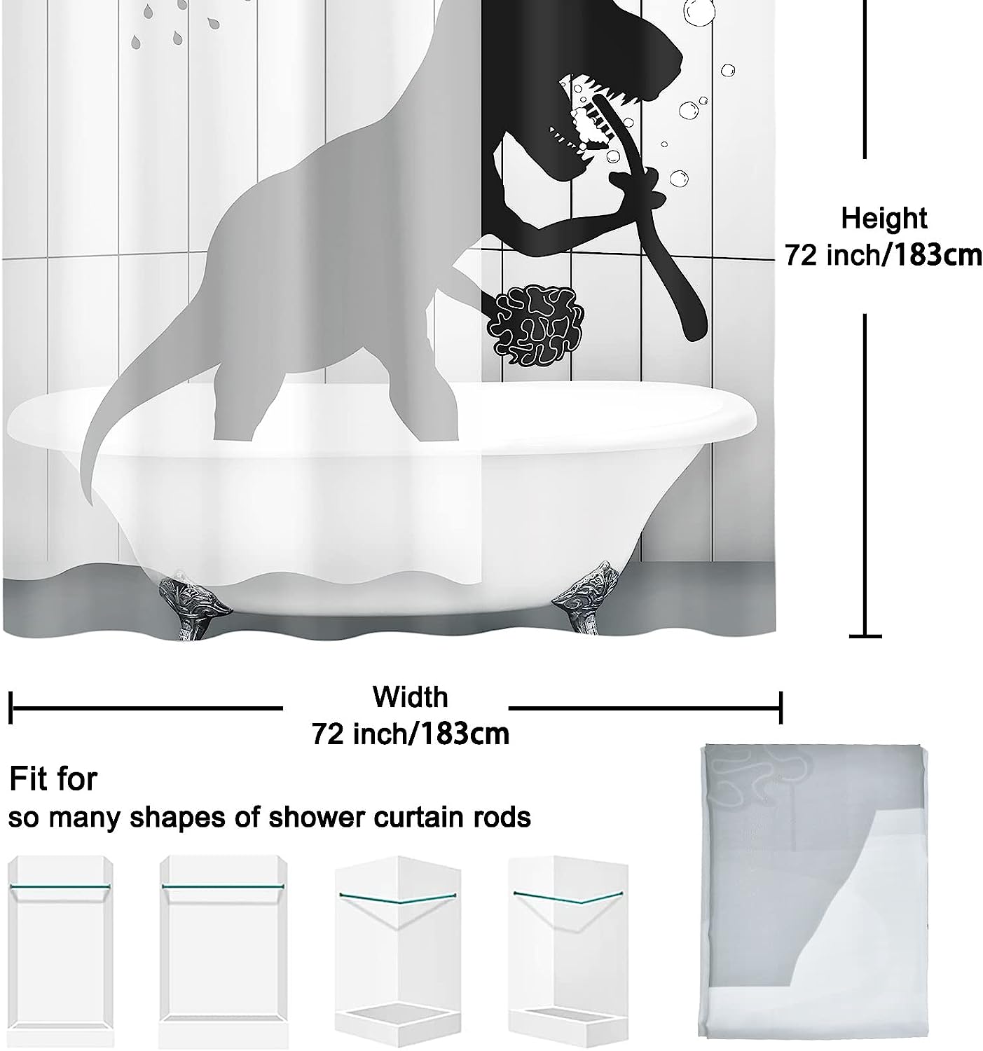 JOOCAR Funny Dinosaur Shower Curtain Animal Bathroom Shower Curtains for  Kids Boy Modern Bubble Dinosaurs Black and White Shower Curtain Waterproof
