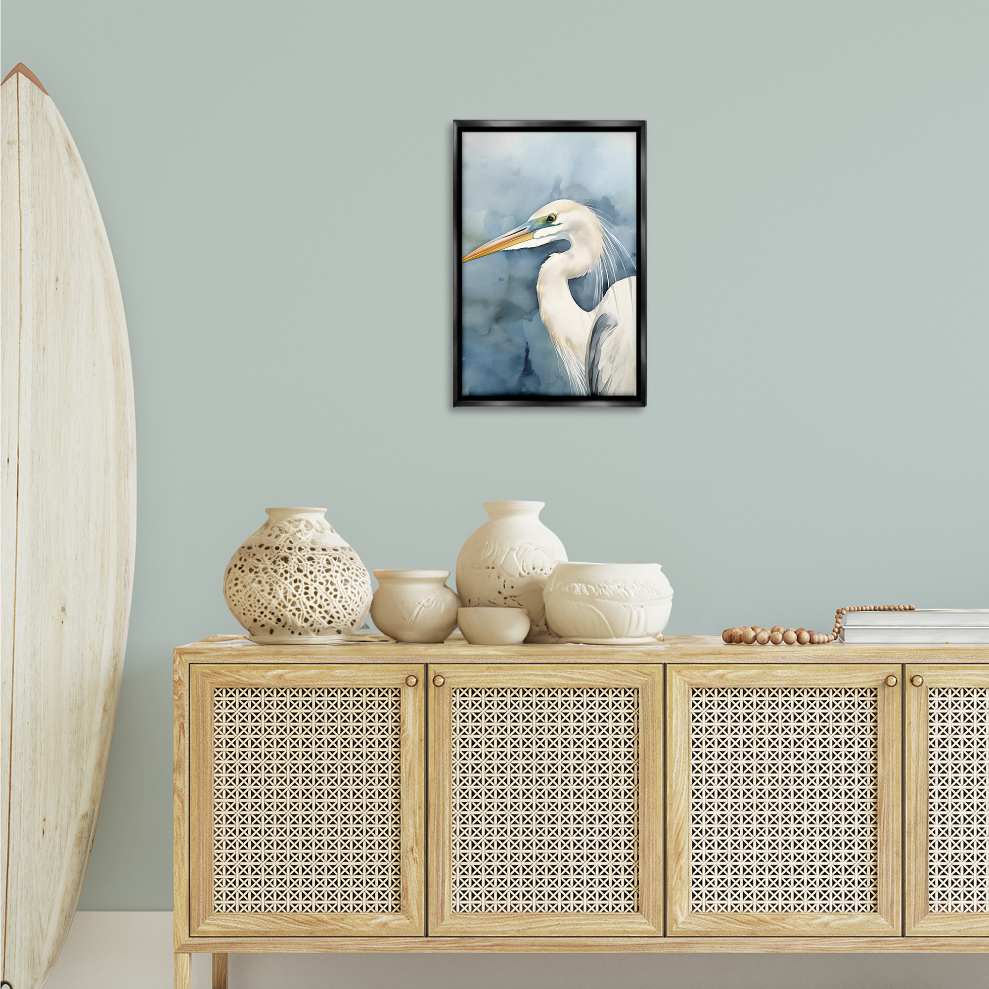 Stupell Industries Beach Bird on Blue Animals & Insects Painting Black Floater Framed Canvas Art Print Wall Art, 17 x 25