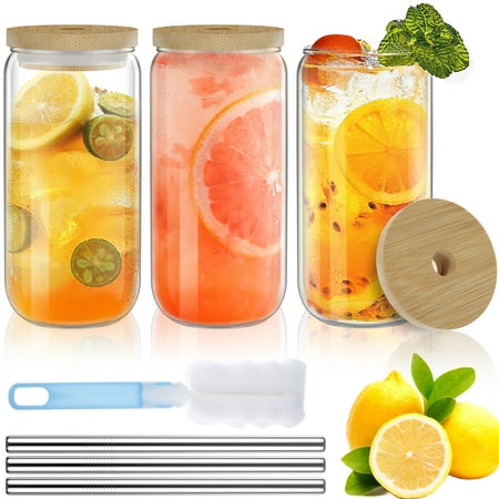 

ALIMARO 3 Pcs Can Glass Cups with Bamboo Lid 17oz Beer Can Glass with Stainless Steel Straw Cleaning Brush for Water Cocktail Whiskey Soda