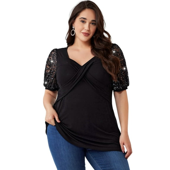 LapaPlus Summer Plus Size Tops for Women Sequins Lantern Short Sleeve Criss-Cross Pullover Blouse