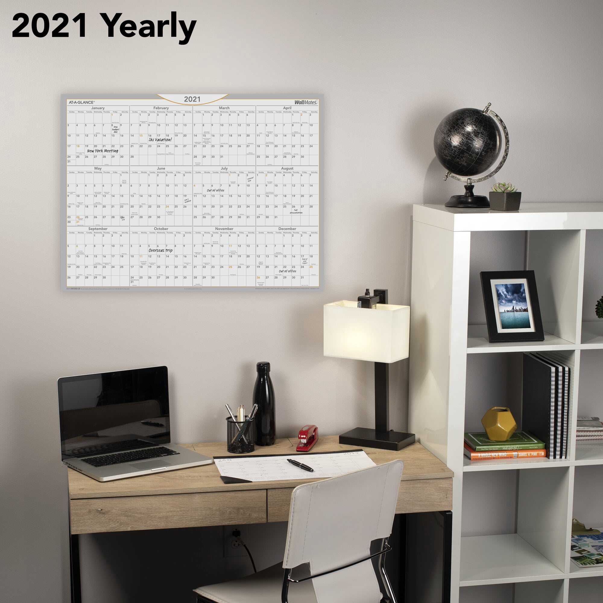AT-A-GLANCE WallMates Self-Adhesive Dry-Erase Yearly Calendar, 24" x 18", January 2021 to December 2021 - AW50602821