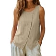 thumbnail image 4 of DeHolifer Linen Tank Tops for Women Summer Sleeveless Button Crewneck Linen Shirts Trendy Beach Casual Blouses Khaki L, 4 of 8