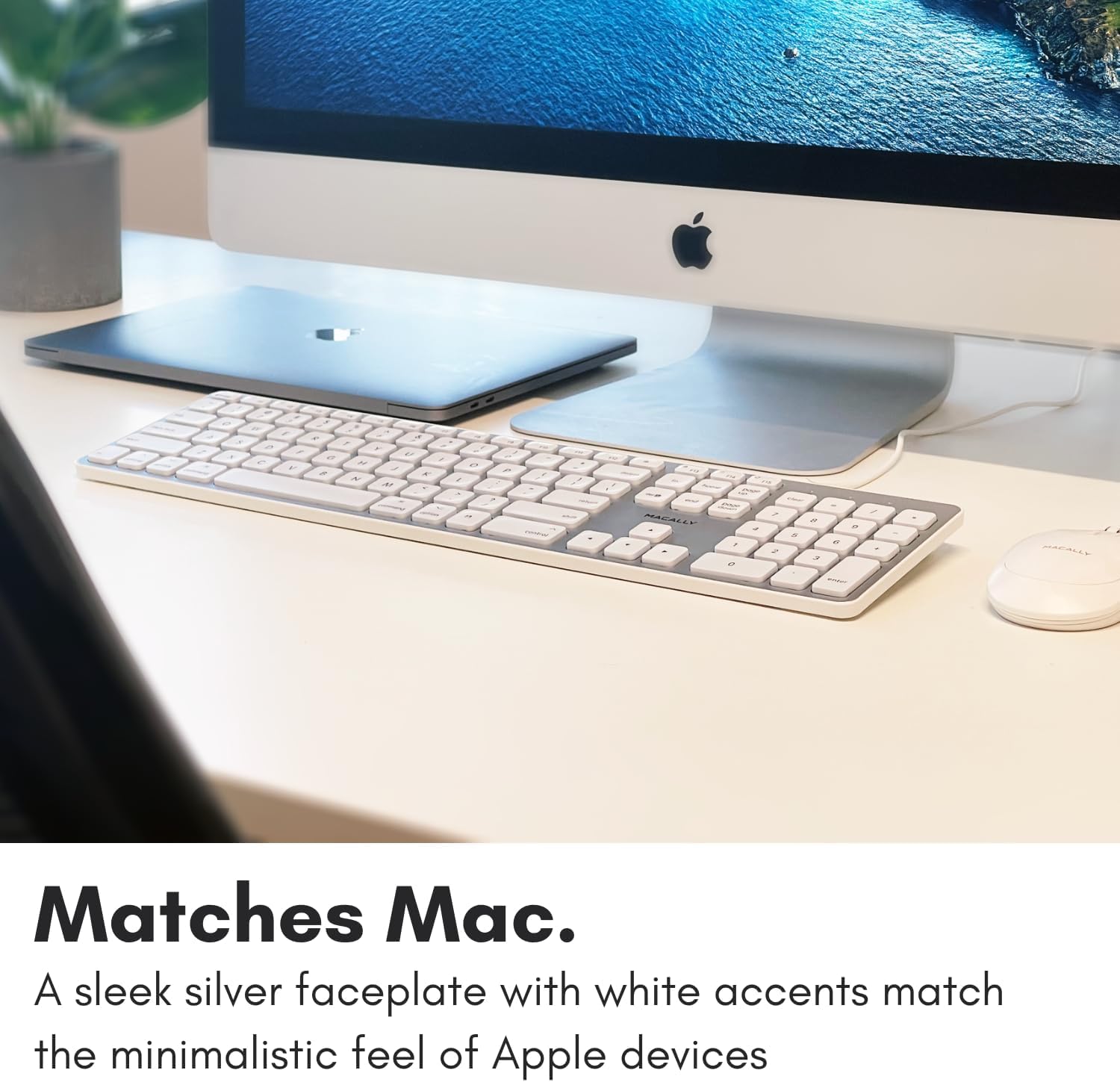 Macally Backlit Wired Keyboard for Mac | Compatible Apple Keyboard with Numeric Keypad | Comfortable All Day Typing, Compatible on Macbook Pro / Air, iMac, Mac Mini / Pro - Silver