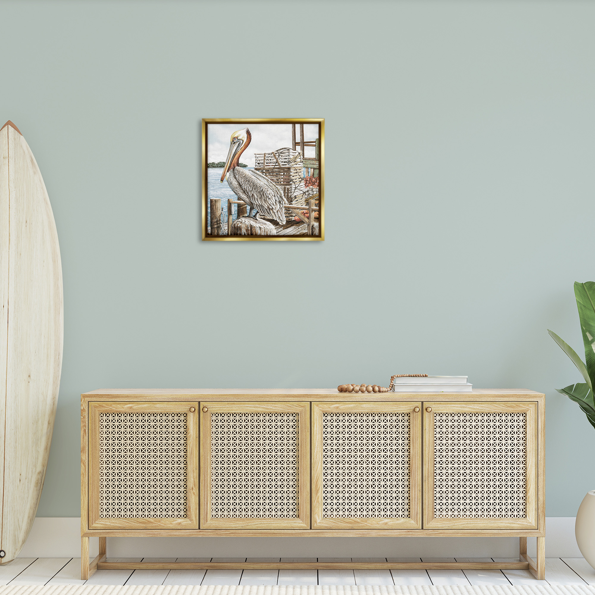 Stupell Industries Pelican Perched on Fishing Dock Animals & Insects Painting Gold Floater Framed Canvas Art Print Wall Art, 25 x 25