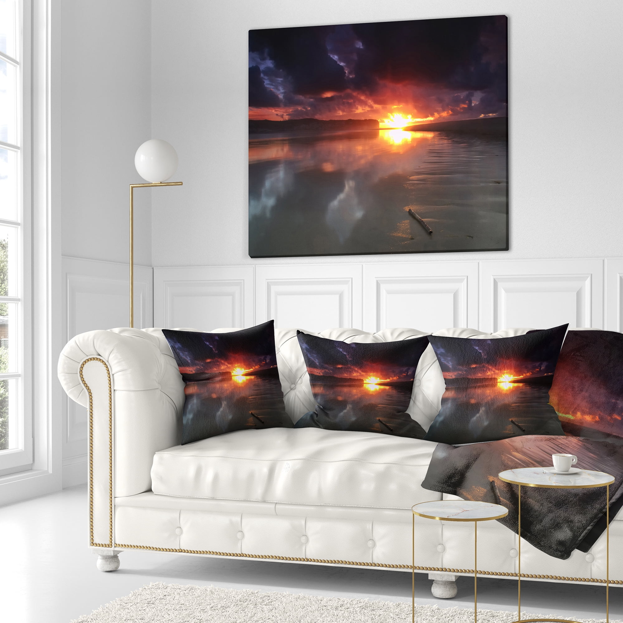 Designart Mirrored Sun in Cloudy Dark Seashore - Seashore Throw Pillow - 16x16