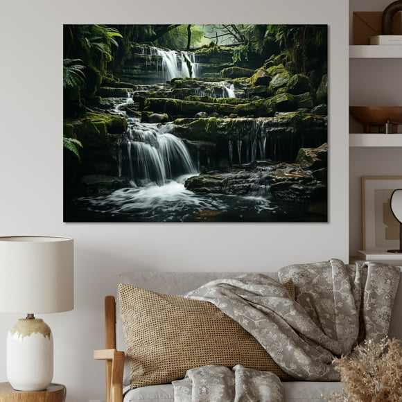 Designart Waterfall Wall Art, Nature s Cascading Melody , waterfall Wall art decor, Green Traditional Canvas wall art, 32x16 inches