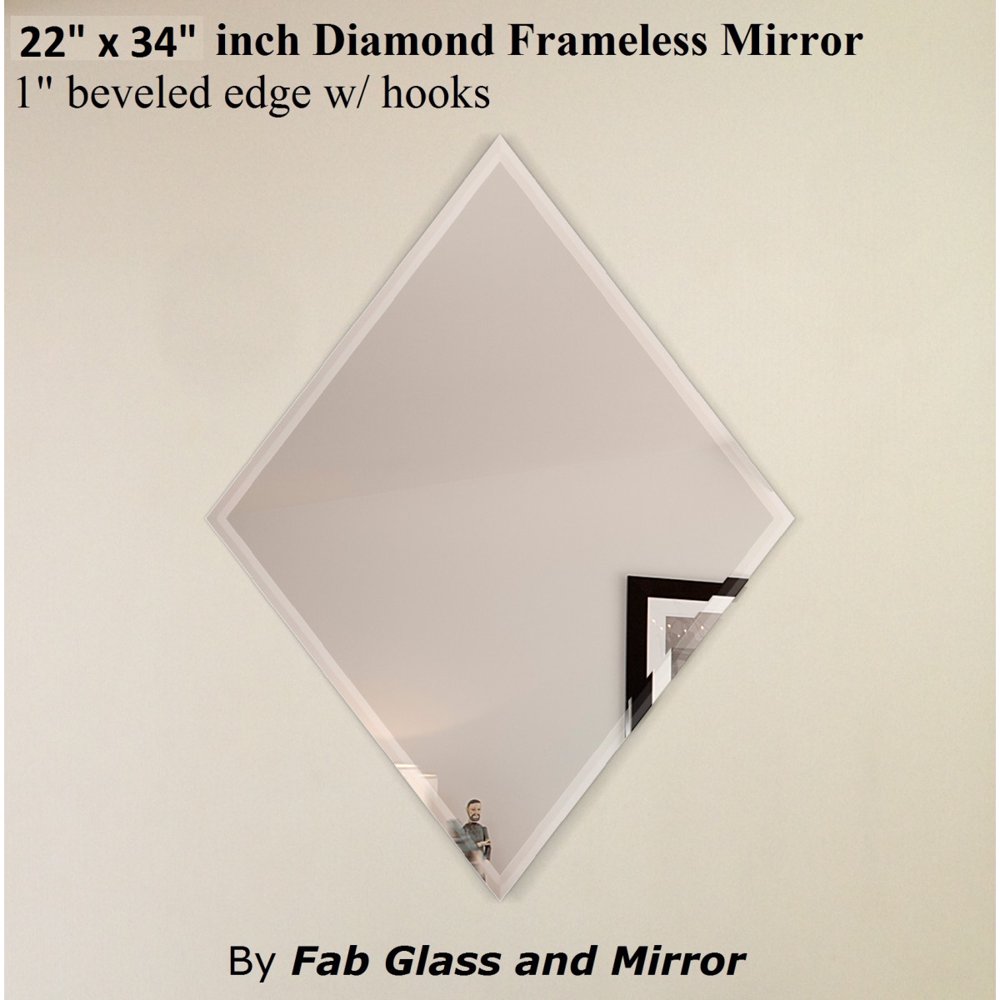 22" X 34" Inch Diamond Frameless Wall Mirror 1" Beveled Edge W/ 2 Hooks