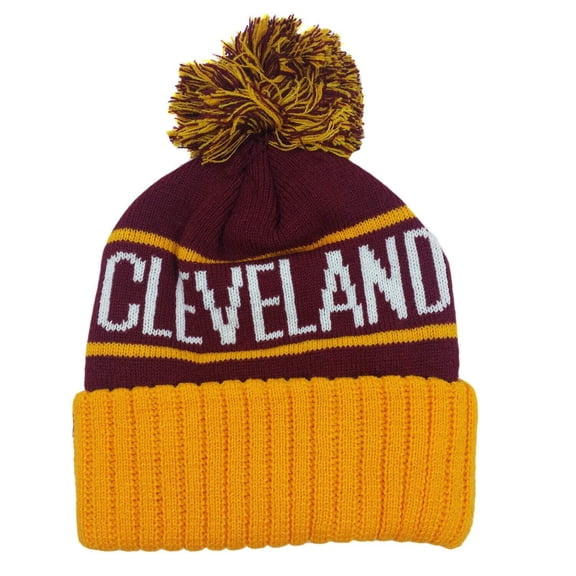 Cleveland City Name Bubble Knit Maroon/Yellow Pom Beanie Skull Cap