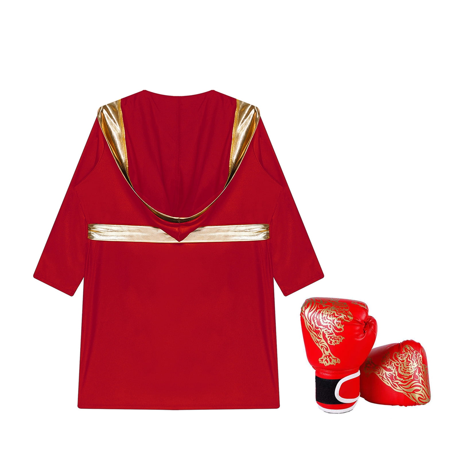 Hansber Kids Boys Boxing Uniform Satin Hooded Boxer Robes with Muay Thai MMA Training Gloves for Red 16