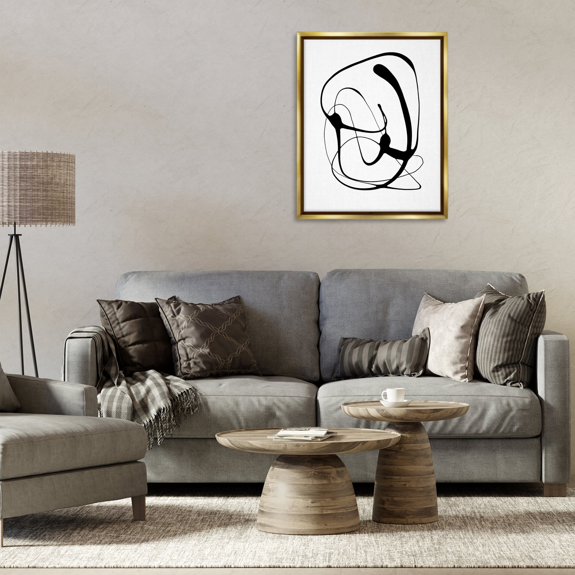 Stupell Industries Black Modern Swirl Abstract Painting Gold Floater Framed Canvas Art Print Wall Art, 25 x 31