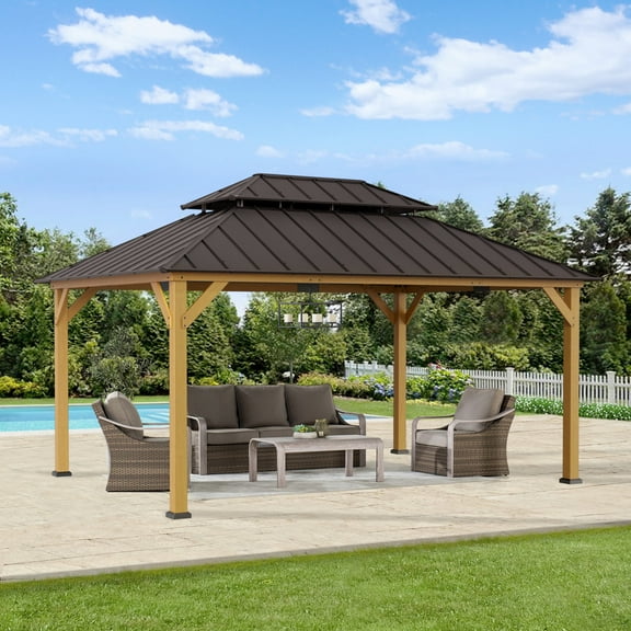 Sunjoy 12x16 ft. Wood Gazebo, Outdoor Patio Steel Hardtop Gazebo, Cedar Framed Wooden Gazebo with 2-tier Metal Roof, Suitable for Patios, Lawn, and Backyard, Dark Brown