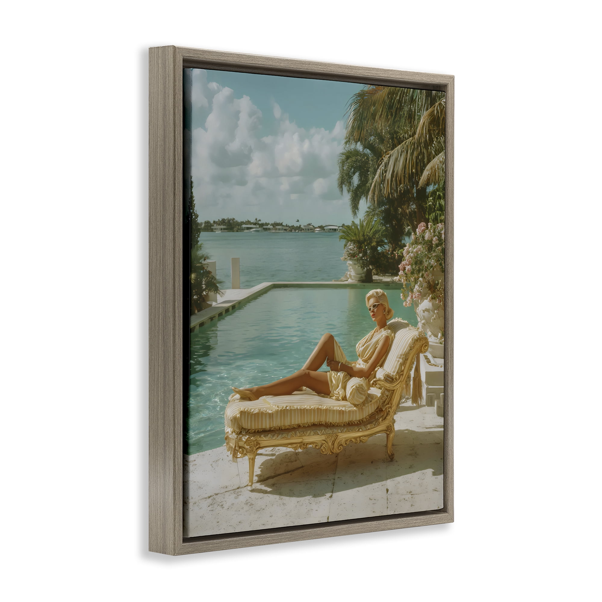 Stupell Industries Vintage Poolside Woman Brown Framed Floater Canvas Wall Art, design by Franklyn Gregory