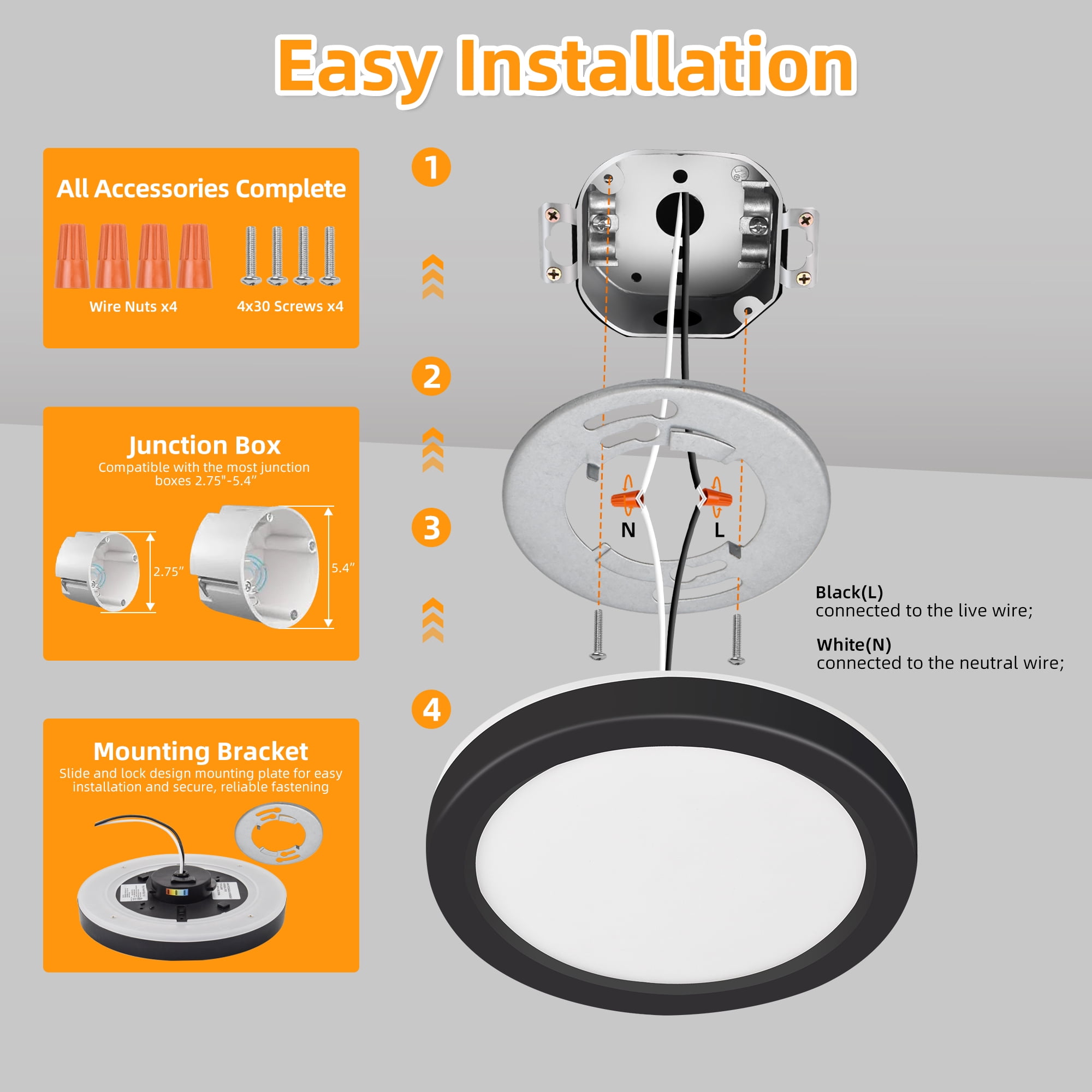 Hlite 7.5" Dimmable LED Ceiling Light with Night Light, 15W, 1500 LM, 3CCT Flat Round Flush Mount Lighting Fixtures for Bedroom,Hallway,Black,2Pack