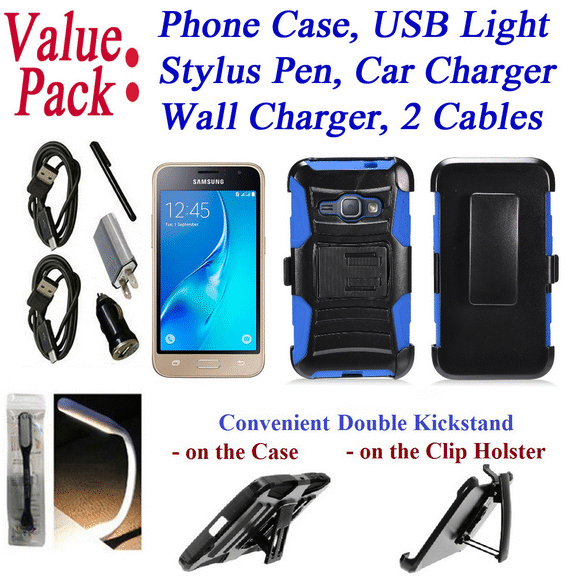 Value Pack Cables Chargers for 4.5" Samsung Galaxy LUNA 4G LTE S120 Case Phone Case Belt Clip Holster 2 Kick Stands Hybrid Armor Shock Bumper Cover Blue