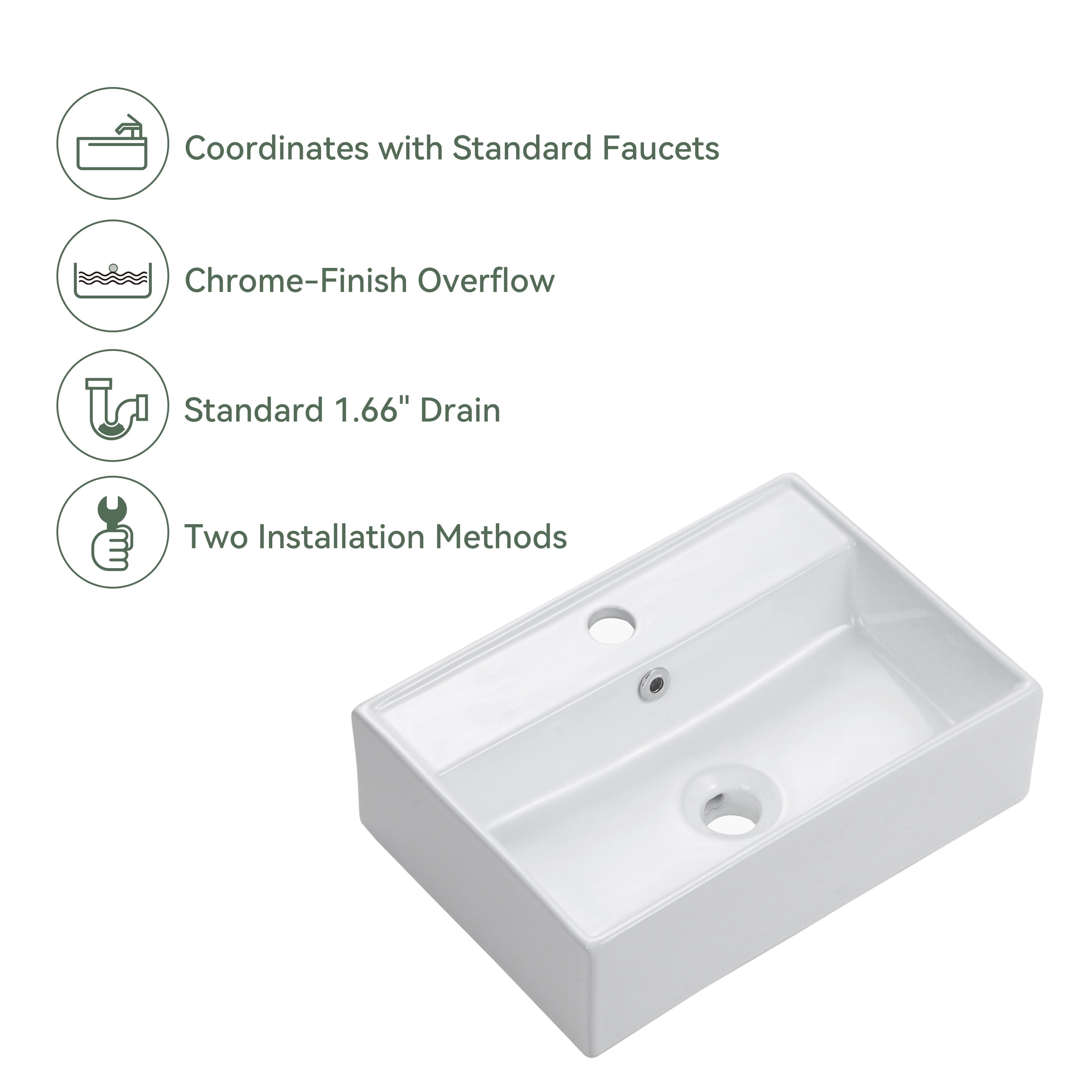 Wall Mounted Bathroom Sink,17.71"x 12.2" White Ceramic Rectangular Vessel Sink Above Counter White
