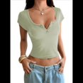 thumbnail image 3 of Camisetas de Corta de Verano 2025 para Mujer, con Cuello Henley Acanalado y Botones, Corte Entallado, Básicas e Informales. Gris Verde S, 3 of 8