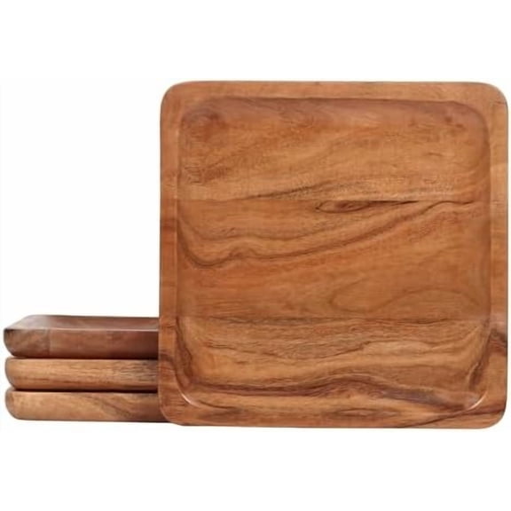 Set of 4 Acacia Wood plates, Square Wooden plates for lunch and dinner | 10x10 inches | Large Serve Size | Shaterproof | Food Grade coating (4)