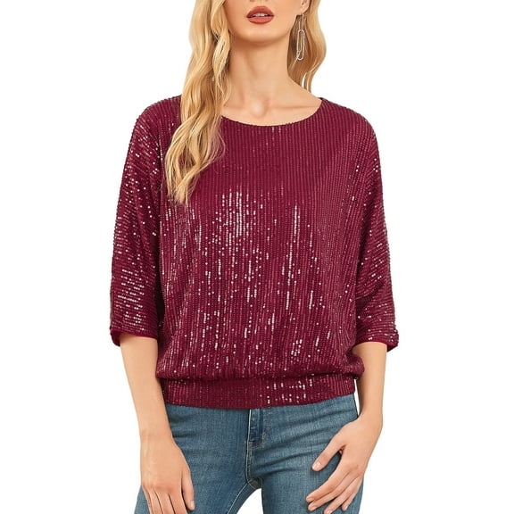 PrettyGuide Women's Sparkle Sequin Top Cold Shoulder 3/4 Batwing Sleeve Loose Shimmer Glitter Party Dressy Tops