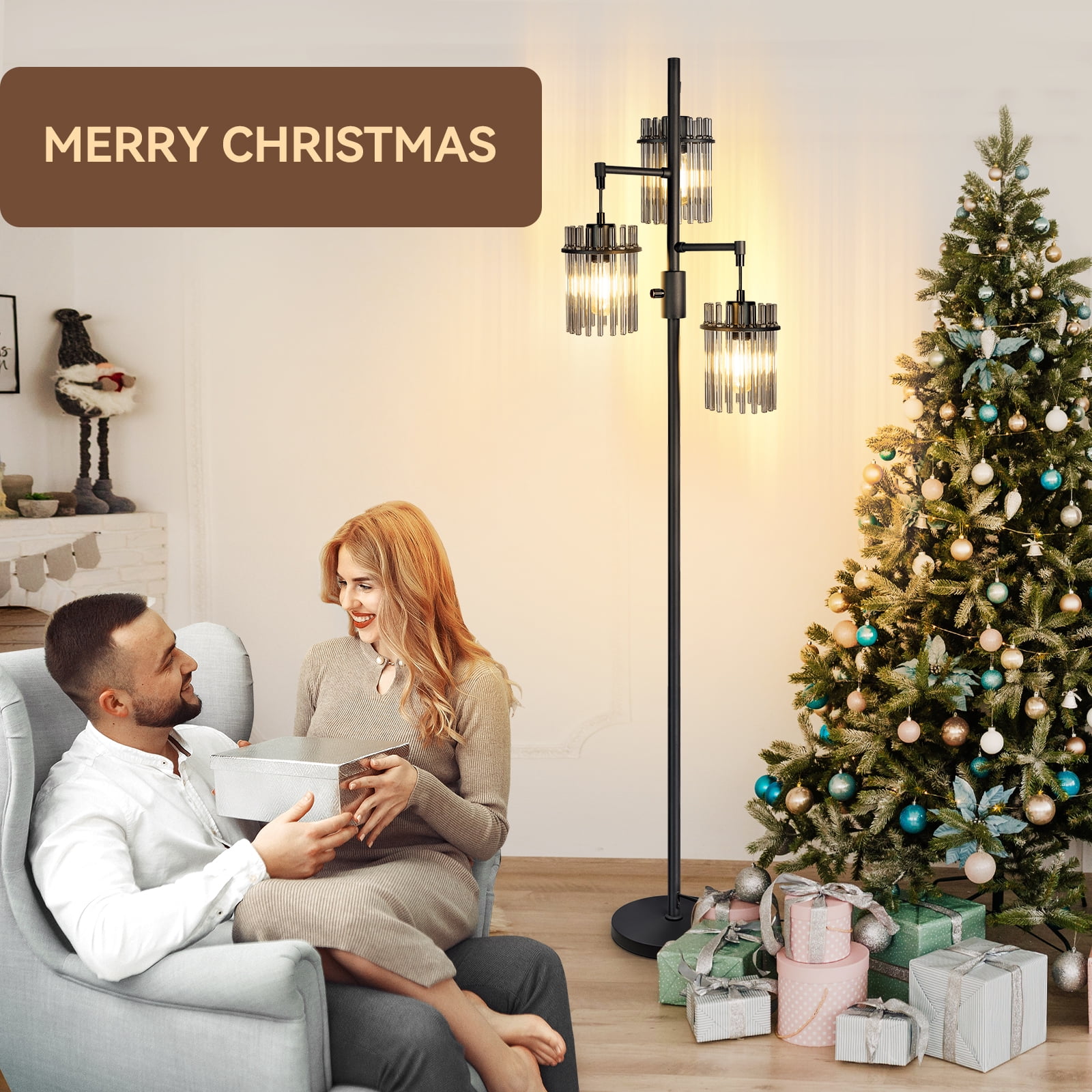Industrial Modern Floor Lamps for Living Room, Dimmable Glass Tree Standing Tall Lamps with 3 Elegant Teardrop Cage Head & 800 Lumens LED Bulbs for Bedroom Office