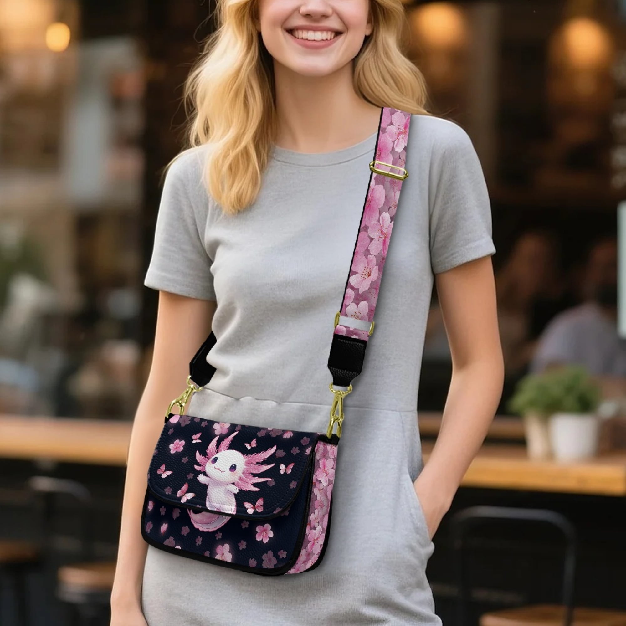 TSOVTHRID Axolotl Butterfly Cherry Blossom Print Crossbody Purse for Women Small Crossbody Bag Crossover Shoulder Bag Cell Phone Leather Handbag with Wide Strap