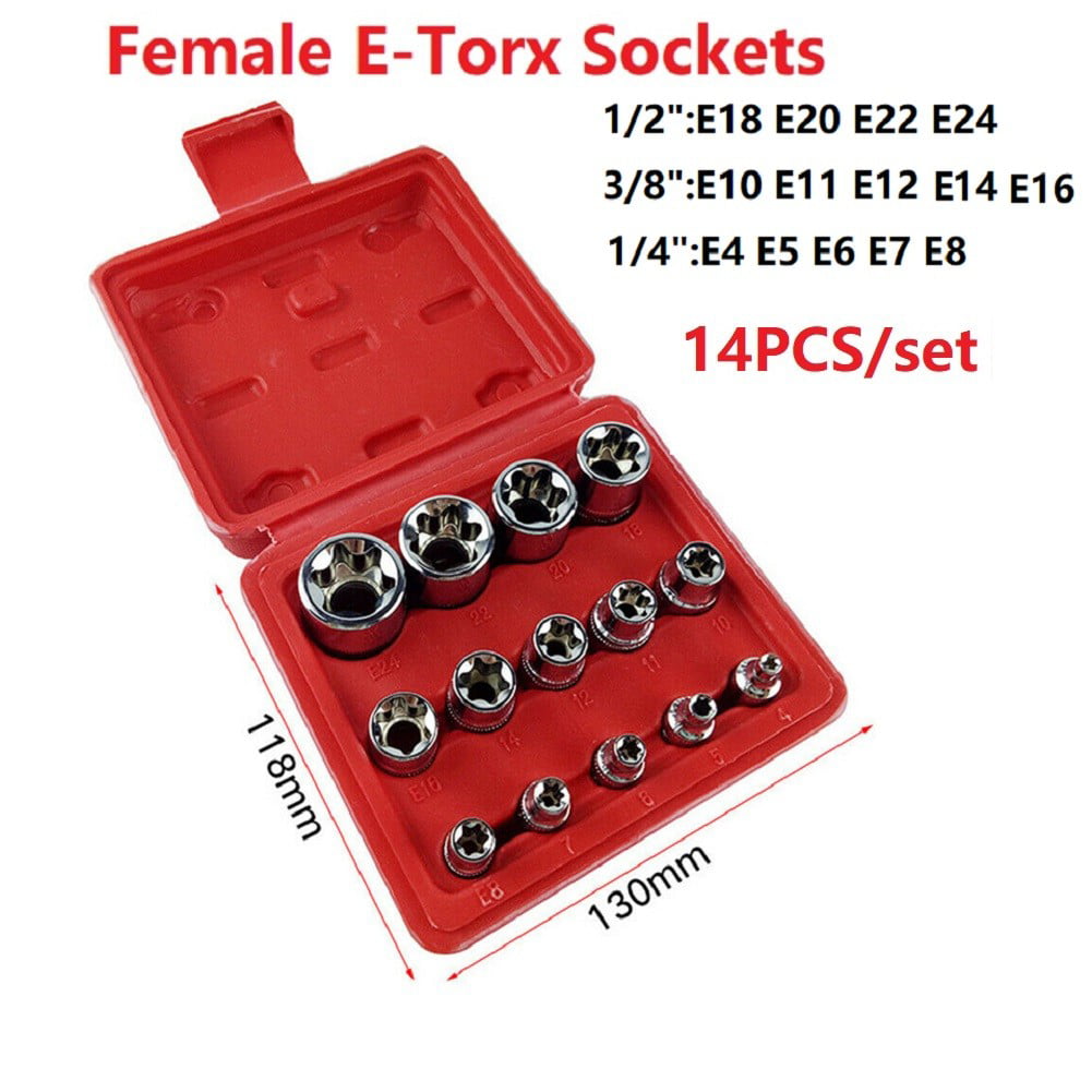 14Pcs 1/4'' 3/8'' 1/2'' Driver E Torx Star Bit Chrome Socket Kit Tool Set Box 
