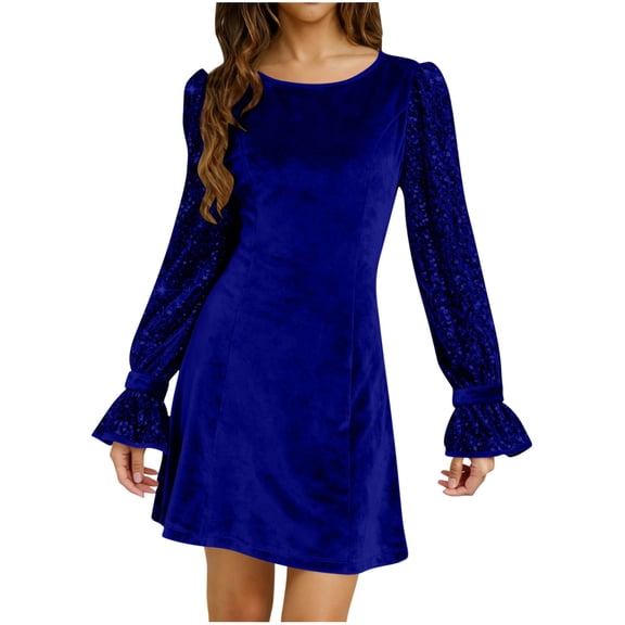 Mifsaly Puff Long Sleeve Velvet Dress Women Crewneck Patchwork Mini Sequin Dresses Tunic Elegant Evening Cocktail Party Gowns Wedding Guest A-Line Glitter Fashion Outfits L