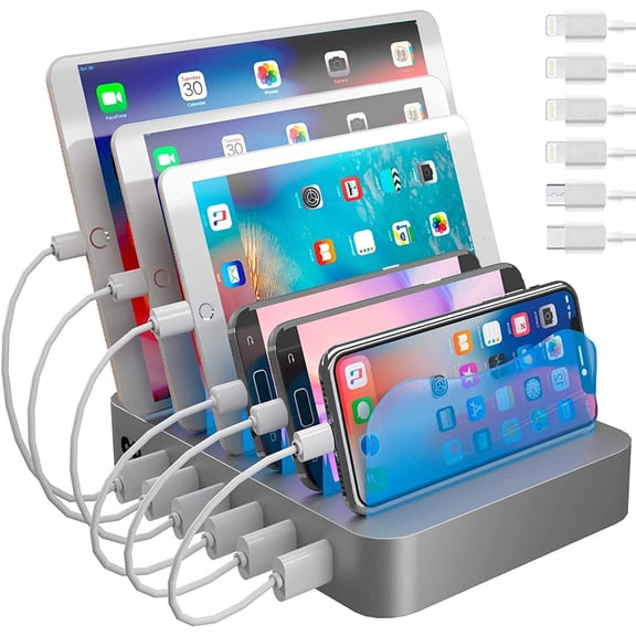 Tuff Charging Station for Multiple Devices,with 6 USB Fast Ports and 6 Short Mixed USB Cables Included for Cell Phones,Smart Phones,Tablets,and Other Electronics,Silver