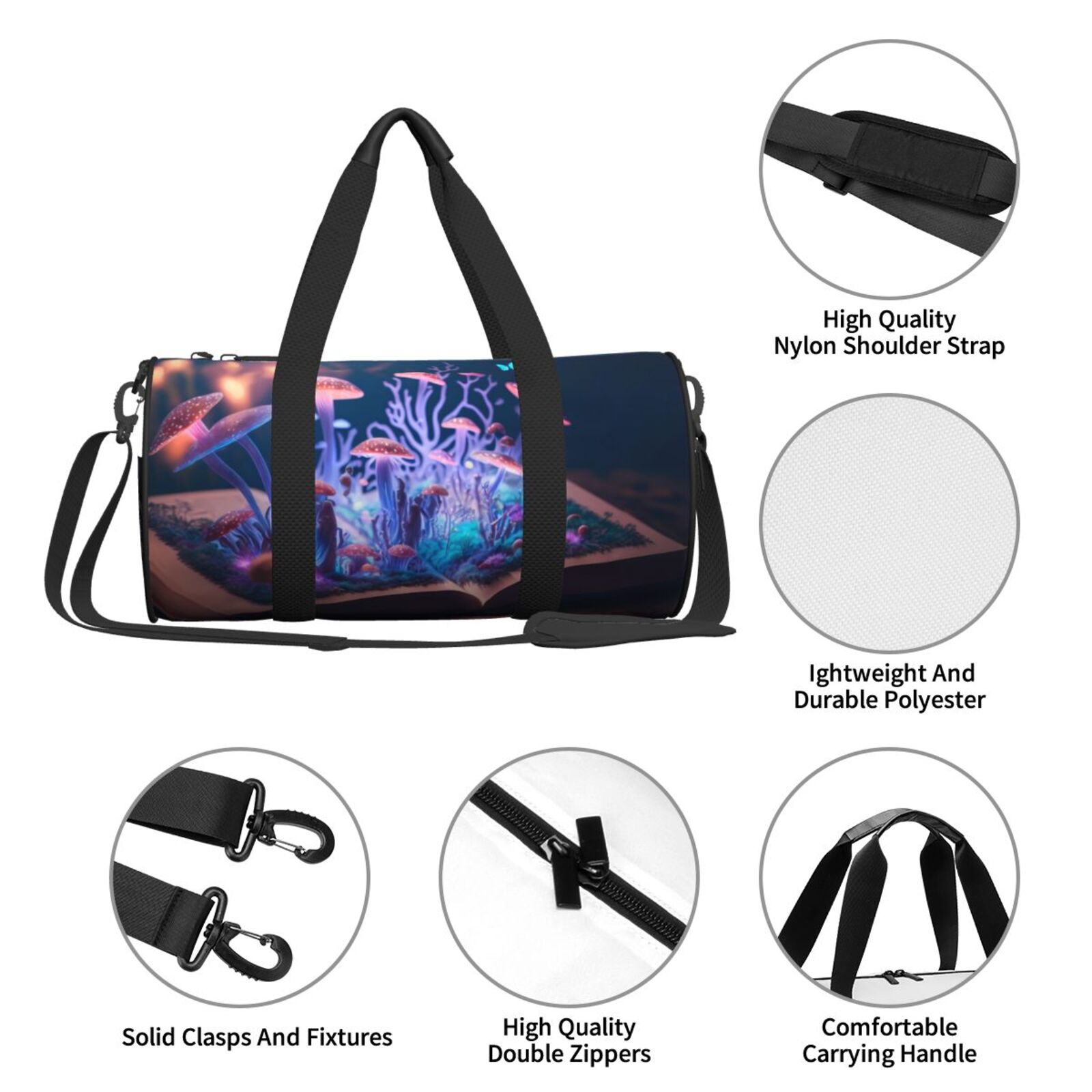Vsdgher Book Glowing Mushrooms 45L Foldable Duffel Bag, Sports Gym Bag,Overnight Bag, Portable Weekender Bag for Airplanes
