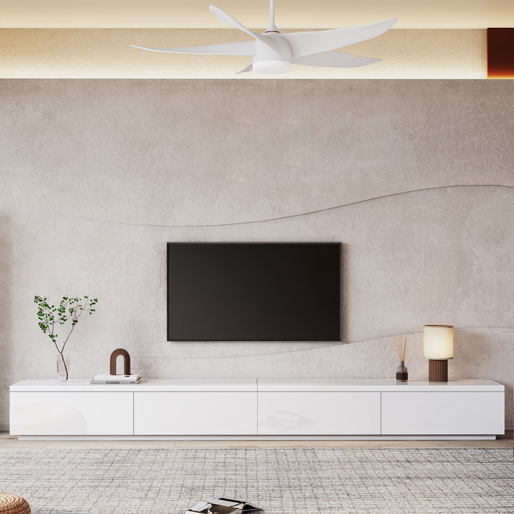 POVISON 118" Modern White Matte TV Stand，Minimalist Large Entertainment Center for up to 100 Inch TV with 4 Drawers