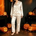 thumbnail image 2 of OSOLU Women's Halloween Pajama Sets Ghost Moon Candy Print Long Sleeve Button Down Sleepwear Trousers Home Wear Beige, 2 of 4