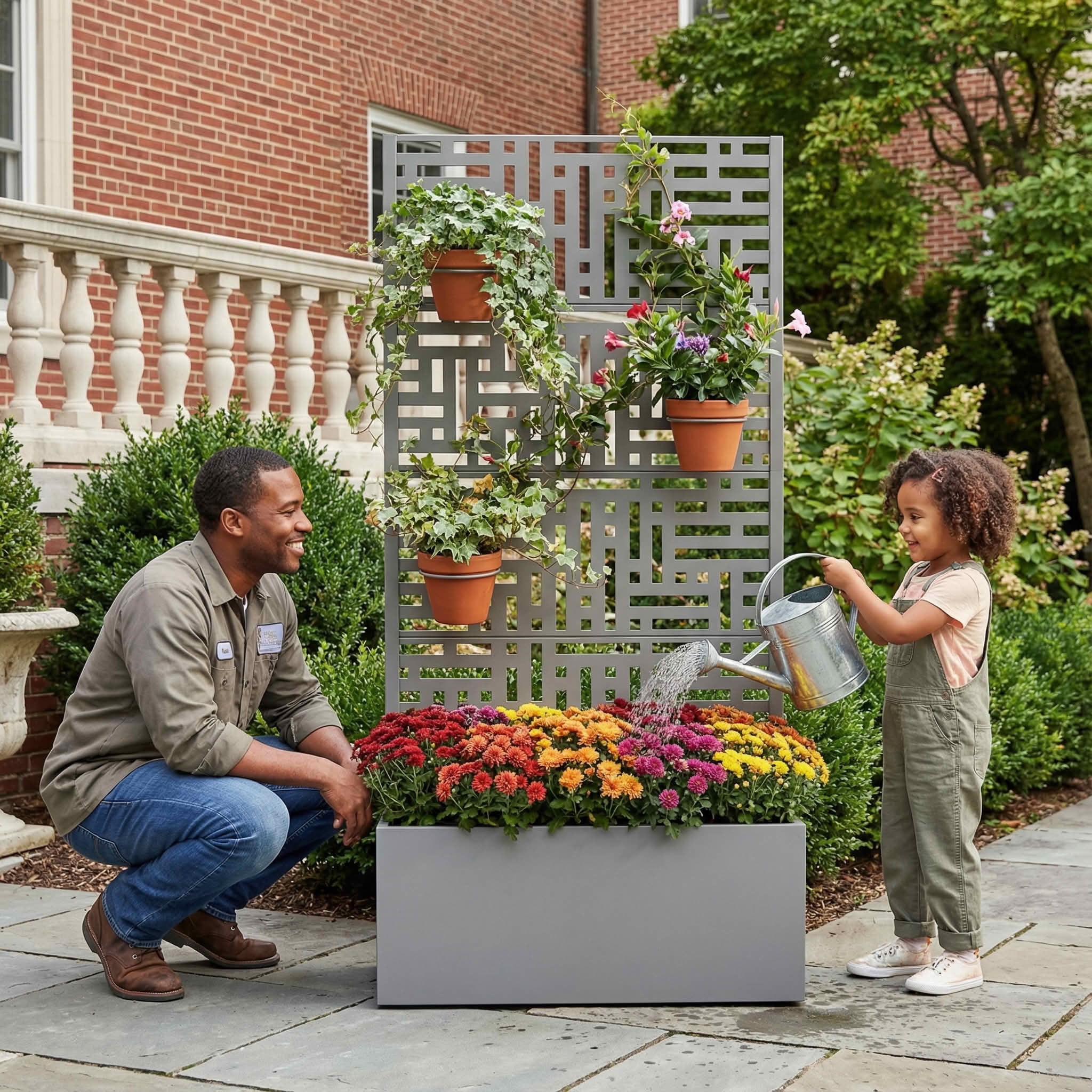 MAYEERTY 59X30" Metal Outdoor Gray Privacy Screen with Planter Box for Backyard & Garden, 4 Piece Set