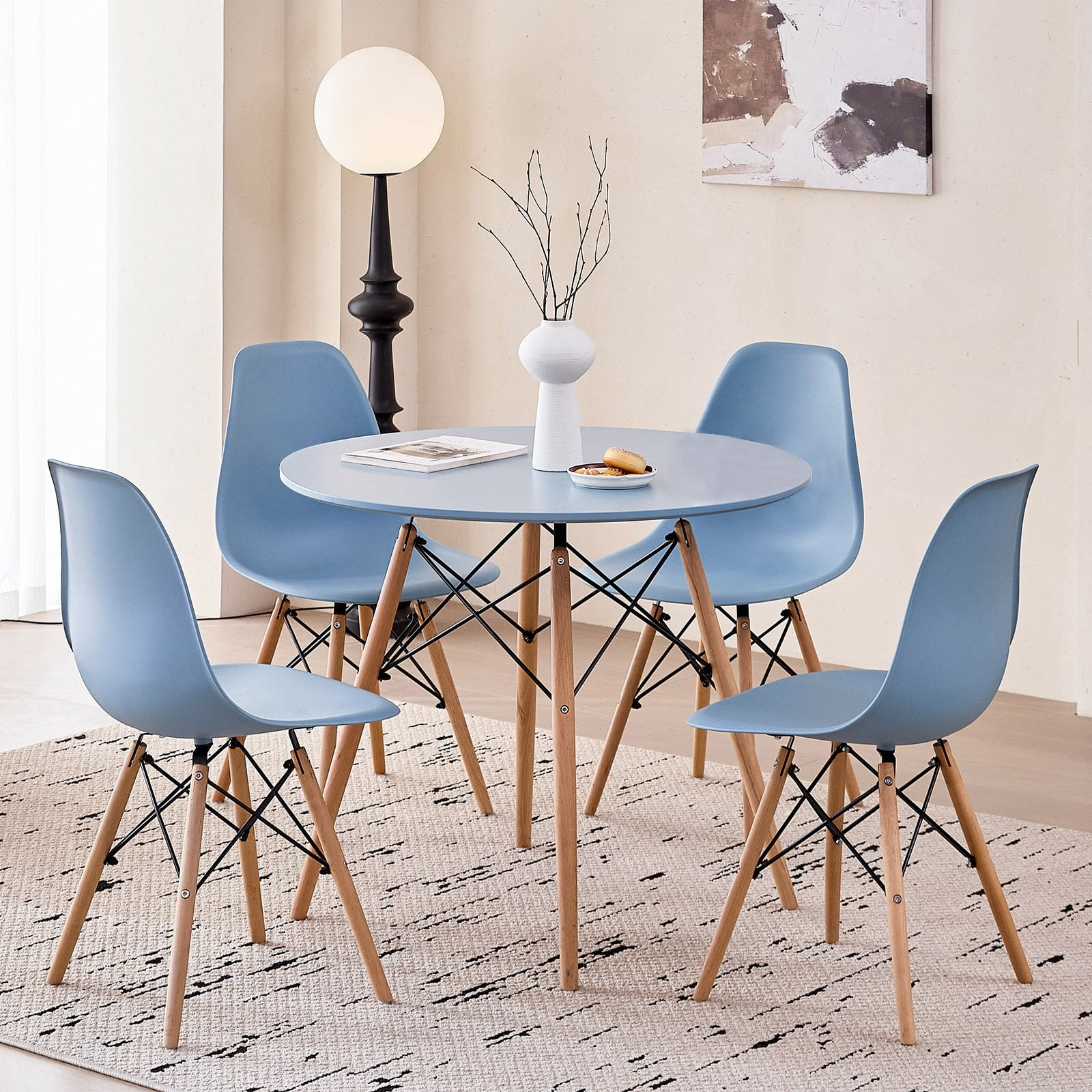 5 Piece 31.5'' Round Dining Table Set for 4, Kitchen Table & Chairs Set of 4, Mid-Century Modern Table W/ 4 Chairs for Home, Living Room, Apartment, Wood Legs, Metal Frame, Blue