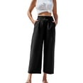 thumbnail image 2 of Palazzo Pants for Women 2026 Casual Cotton Linen Elastic High Waist Wide Straight Leg Flowy Cropped Pants with Pockets, 2 of 9