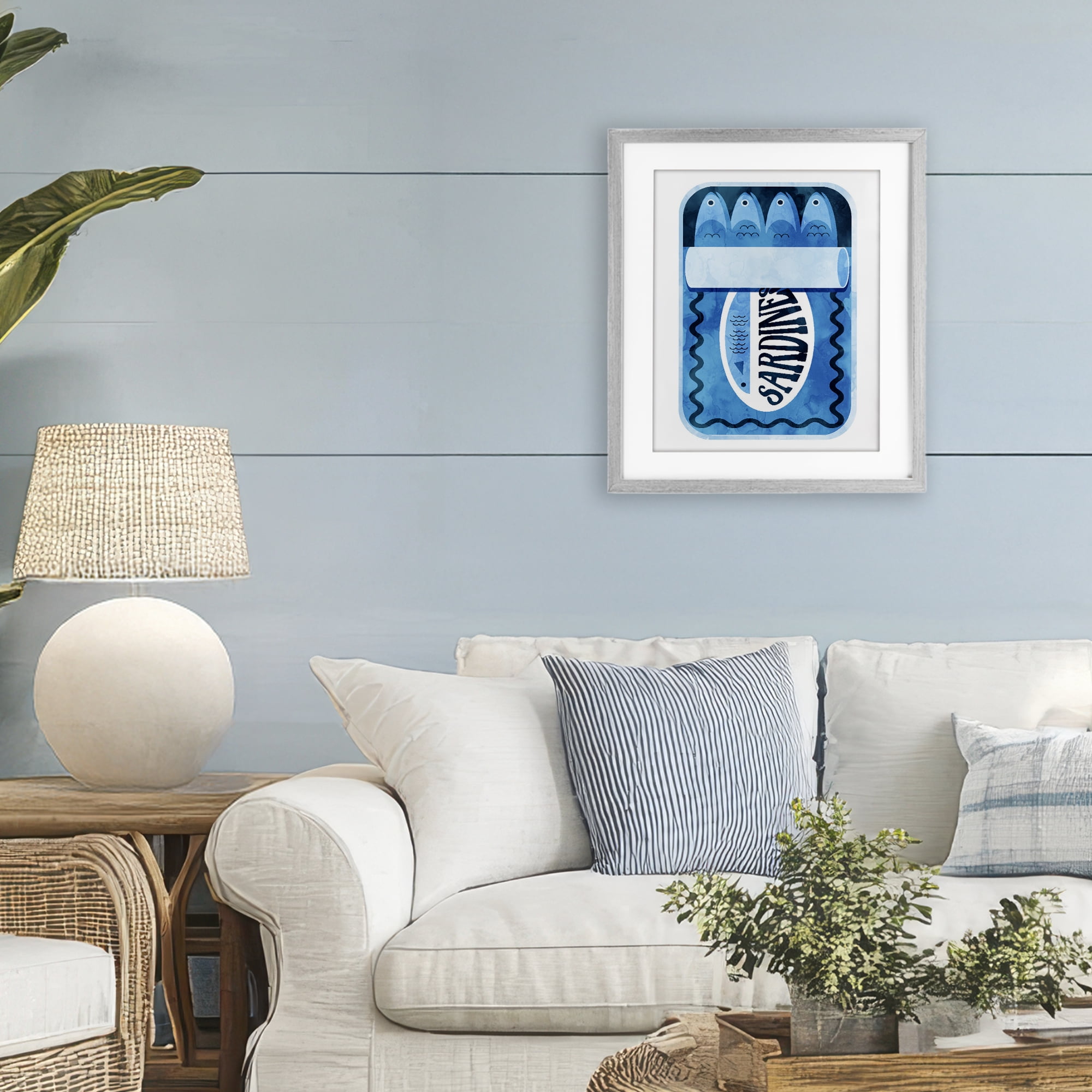 Retro Blue Sardine Tin Gray Framed Print Under Glass, design by Daphne Polselli