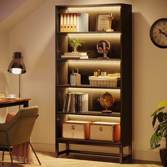 Tribesigns 70.8" Tall Bookcase with LED Lights, 5-Tier Large Bookshelf Heavy Duty Bookcases Organizer Free-Standing Library Bookshelf, Black