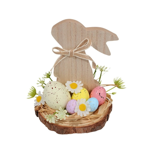 Ohufall Easter Bunny Decor Wooden Egg Rabbit Ornament Easter Home Decorations Bucolic Desktop Supply