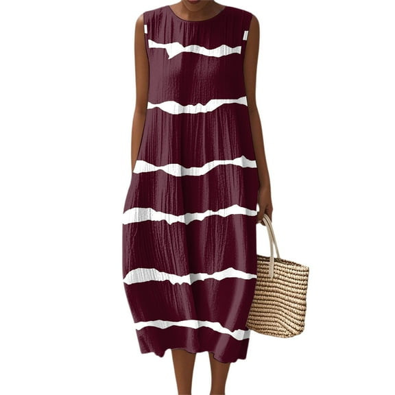 Women's 2025 Summer Fashion Casual Sleeveless Round Neck Polka Dot Printing Striped Elegant Temperament Dress