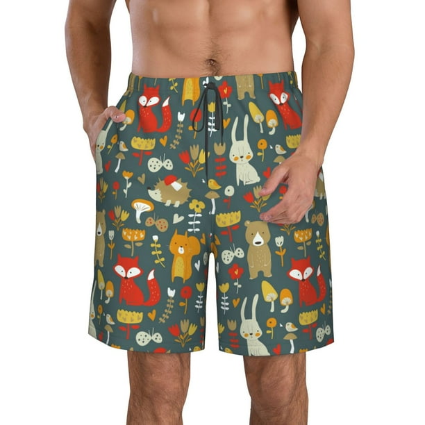 Fotbe Cute Animal Forest Trajes de Baño Estampados para Hombre, Shorts de Verano de Secado Rápido, Ropa de Playa, Bañadores-Large