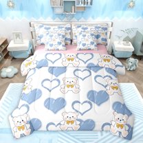 Feelyou Bowknot Doll Bear Bedding Comforter Set 7pcs, Kawaii Love Heart Blue Queen Bedding Sets, Teens Kids Boys Girls Reversible Queen Sheet Sets, Breathable Home Decor