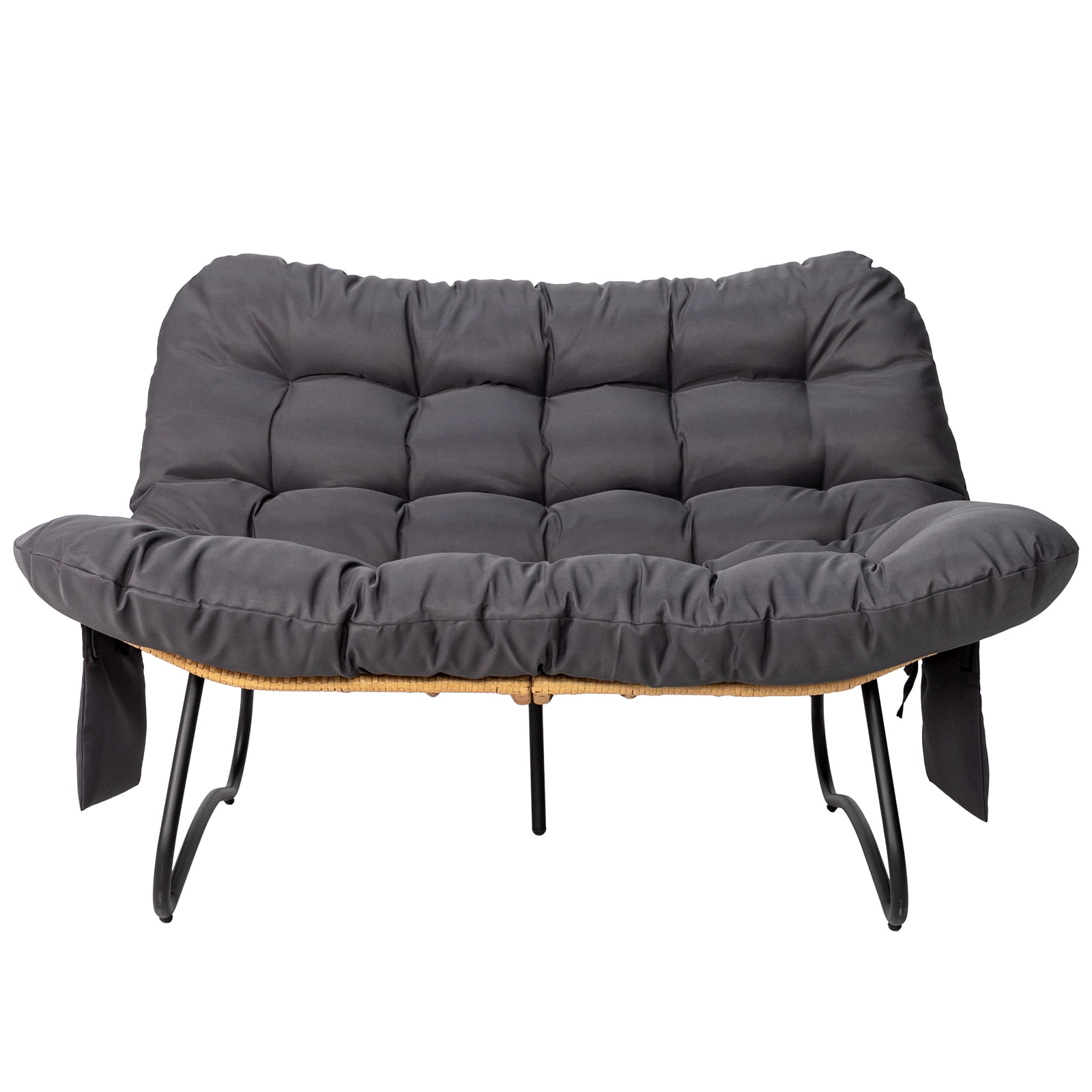 2-Seater Curved Wicker Loveseat with Magazine Pockets & Grey Cushion, 133x94x87cm